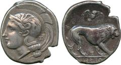 ANCIENT COINS. Greek. Lucania, Velia (c.400-340 BC), Silver Didrachm, head of Athena facing left, wearing a crested Attic helmet decorated with a griffin, T behind neck-guard , rev [Y]EΛHTΩ[N] in exer
