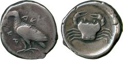 ANCIENT COINS. Greek. Sicily, Akragas (c.480-470 BC), Silver Didrachm, AK / RA , eagle standing left , rev crab, within shallow incuse circle, 8.35g, 11h (SNG ANS 950-3; Jenkins, Gela, Group IV). Near