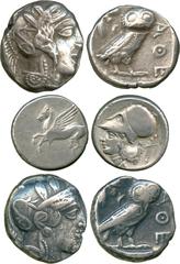 ANCIENT COINS. Greek. Attica, Athens (after 449 BC), Silver Tetradrachms (2), head of Athena right , rev owl standing right, head facing; Silver Stater of Leukas, Pegasos left , rev head of Athena lef