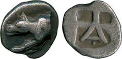 ANCIENT COINS. Greek. Argolis, Argos (c.480-460 BC), Silver Triobol, forepart of wolf at bay left, with legs extended forward , rev A within an incuse square containing two square incuses in the upper