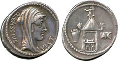 ANCIENT COINS. ROMAN. Mint of Rome unless otherwise stated. C. Cassius Longinus (55 BC), Silver Denarius, Q CASSIVS VEST , veiled head of Vesta right , rev Temple of Vesta, surmounted by a standing fi