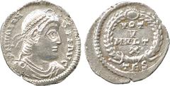 ANCIENT COINS. ROMAN. Mint of Rome unless otherwise stated. Valens (AD 364-378), Silver Siliqua, Thessalonica, AD 364-367, D N VALENS P F AVG , pearl-diademed, draped and cuirassed bust right , rev VO