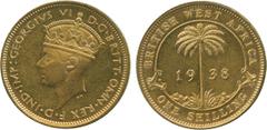 † AFRICA. British West AFRICA. George VI, Brass Proof Shilling, 1938, struck at the Royal Mint (KM 23). Choice uncirculated Proof. Almost to the same quality as the 1938 6-Pence, lot 3141. Why these d