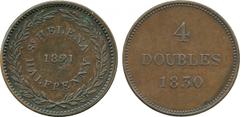 † AFRICA. St Helena. Ea st India Company, Copper ½-Penny mule, 1821 reverse muled with a Guernsey 4-Doubles, 1830 reverse (Vice FT 10; cf KM 4a and KM 2 for types). Flan flaw on date, almost extremely