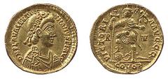 ANCIENT COINS Roman No.: 841 Estimate: £ 350.- Valentinian III AD 425-455, Solidus 4.41g, mint of Ravenna, diademed bust, draped and cuirassed, right, rev VICTORI-A AVGGG Emperor standing facing holdi