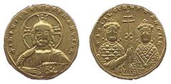 ANCIENT COINS Byzantine No.: 847 Estimate: £ 300.- Basil II, Bulgaroktonos, AD 976-1025, Tetarteron Nomisma 4.2g, facing bust of Christ wearing nimbus cruciger, rev facing busts of Basil II left and C