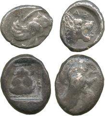 ANCIENT COINS, GREEK Ionian Islands, Samos (c.500 BC), Silver Drachm, forepart of winged boar right, rev lion’s head facing, within incuse square; Silver Triobol, forepart of winged boar right, rev li