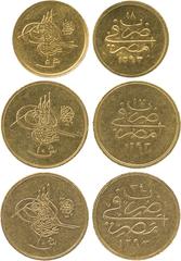 WORLD COINS, ISLAMIC COINS Ottoman, Abdul Hamid II, Gold 10-Qirsh (2), Misr 1293h, Years 17, 34 (KM 282), Gold 5-Qirsh, Misr 1293h, Year 18 (KM 298). About extremely fine to extremely fine. (3) £70-90