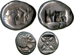 ANCIENT COINS, GREEK, Kingdom of Lydia ( temp . Cyrus - Darios I, 545-520 BC), Silver ½-Stater, minted at Sardes, forepart of a roaring lion facing right, confronting the forepart of a bull facing lef
