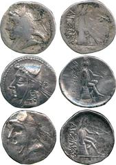 ANCIENT COINS, THE DAVID SELLWOOD COLLECTION OF PARTHIAN COINS, Arsaces II (211-185 BC) and Phriapatius (185-170 BC), Silver Drachms (3), minted at Hekatompylos(?), diademed head/bust left in bashlyk,