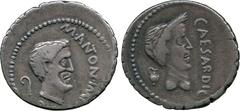 ANCIENT COINS, ROMAN, Mint of Rome unless otherwise stated, Mark Antony & Julius Caesar, Silver Denarius, minted in Cisalpine Gaul, struck 43 BC, M ANTON IMP [R P] C , head of Antony facing right, a l