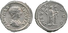 ANCIENT COINS, ROMAN, Mint of Rome unless otherwise stated, Plautilla (wife of Caracalla), Silver Denarius, struck AD 203, PLAVTILLA AVGVSTA , draped bust facing right , rev PIETAS AVGG , Pietas stand