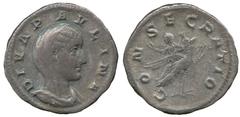 ANCIENT COINS, ROMAN, Mint of Rome unless otherwise stated, Diva Paulina (wife of Maximinus I), Silver Denarius, struck AD 235-236, DIVA PAVLINA , veiled and draped bust facing right , rev CONSECRATIO
