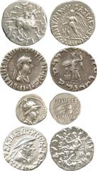 ANCIENT COINS, GREEK, Kingdom of Baktria, Eukratides I (c.171-145 BC), Silver Obol, helmeted head right, rev palms and pilei (SNG ANS 496ff); Silver Drachms (3), of Antimachos II (c.174-165 BC), Antia