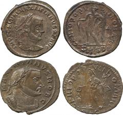 ANCIENT COINS, ROMAN, Galerius (Caesar, AD 293-305), Billon Follis, Lugdunum, GENIO POPVLI ROMANI , Genius standing left, B in field right, PLC in exergue (RIC 164b); Galerius (as Augustus, AD 305-311