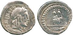 ANCIENT COINS, ROMAN , Mn. Fonteius (85 BC), Silver Denarius, laureate head of Apollo facing right, thunderbolt below, rev cupid on goat right, pilei above, thyrsus in exergue, a laurel-wreath around,