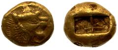 LYDIA AND THE PERSIAN ROYAL COINAGE No.: 2 Estimate: £ 350 Early electrum coinage, Sardis, uncertain King of Lydia before 561 BC, electrum -Stater 4.70g, head of lion with open mouth right, wart with 