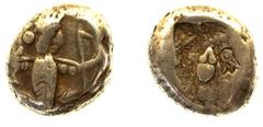 LYDIA AND THE PERSIAN ROYAL COINAGE No.: 18 Estimate: £ 50 Siglos 5.52g, Class IV, similar, of poorer style, rev rectangular punch with relief symbol, a facing helmet, and incuse "crown/ pulley" punch