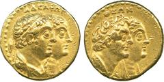 ANCIENT COINS, Greek, Kingdom of Egypt, Ptolemy II Philadelphos, with Arsinoe II, Ptolemy I, and Berenike I (285-246 BC), Gold Tetradrachm (or ½-Mnaïeion), mint of Alexandria, A Δ E ΛΦΩ N , conjoined 