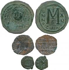 ANCIENT COINS , Byzantine, Justinian I (AD 527-565), Æ Follis, helmeted and cuirassed bust facing, rev large M, flanked by ANNO and XU , officina B , CON in exergue (S 163), about very fine ; Æ Follis
