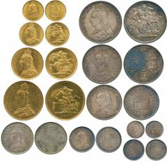 BRITISH COINS, Victoria, Currency Set, 1887 Golden Jubilee, Gold Five Pounds, Two Pounds, Sovereign and Half-Sovereign, Silver Crown, Double Florin, Arabic 1, Halfcrown, Florin, Shilling, Sixpence, wi