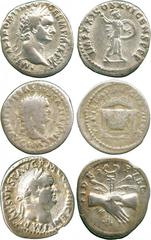 ANCIENT COINS, ROMAN, Vespasian (AD 69-79), Silver Denarius, laureate head facing right , rev clasped right hands, caduceus behind; Titus (AD 79-81), Silver Denarius, laureate head right , rev draped 