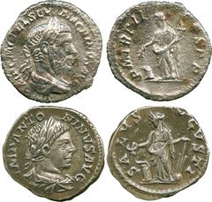 ANCIENT COINS, ROMAN, Macrinus (AD 217-218), Silver Denarius, laureate and draped bust facing right , rev Annona; Elagabalus (AD 218-222), Silver Denarius, laureate and draped bust right , rev Salus. 