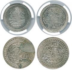 ISLAMIC COINS, Ottoman-Empire, Mahmud II, Silver 2-Kurush, Qustantiniya, 1223, Year 15, and 60-Para, Qustantiniya, 1223h, Year 16 (KM 575, 580). First in PCGS holder graded MS62, the second about extr
