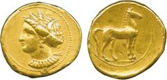 THE ALFRED FRANKLIN COLLECTION OF ANCIENT COINS, GREEK GOLD , Zeugitana, Carthage (c.350-320 BC), Gold Stater, head of Tanit facing left, wearing a barley-wreath, a pendant earring and a necklace, rev