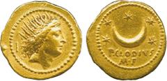 THE ALFRED FRANKLIN COLLECTION OF ANCIENT COINS, ROMAN GOLD , P. Clodius Turrinus (42 BC), Gold Aureus, radiate head of Sol facing right, a quiver behind, rev crescent surrounded by five stars, P CLOD