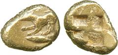 ANCIENT GREEK COINS, Mysia, Kyzikos (c.500-460 BC), Electrum Hekte, dog crouching left, forepaw raised, a tunny fish below, rev quadripartite incuse square, 2.66g (von Fritze 93, pl. III, 12; Boston 1
