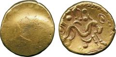 ANCIENT COINS, ANCIENT BRITISH, Celtic Gold, Gallo-Belgic import E, Ambiani, uniface Gold Stater, 6.31g, c.60-55 BC, blank obverse, rev crude disjointed horse right, crescent and pellet below, disjoin