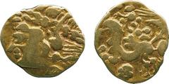 ANCIENT COINS, ANCIENT BRITISH, Celtic Gold, Gallo-Belgic import A, Bellovaci, Gold ¼-Stater, 1.79g, mid 2nd Century BC, broad flan, devolved Apollo head left, rev crude horse left, disjointed chariot