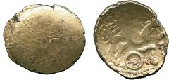 ANCIENT COINS, ANCIENT BRITISH, Celtic Gold, Regini and Atrebates, British Qb Remic or Selsey uniface type Gold Stater, 5.69g, c.60-50 BC, blank obverse, rev horse right, (charioteer’s arms above), wh