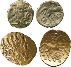 ANCIENT COINS, ANCIENT BRITISH, Celtic Gold, Regini and Atrebates, British Qc Remic, Gold ¼-Stater (2), 1.34g, 1.32g, c.60-50 BC, devolved Apollo head pattern, rev triple tailed horse right with trace