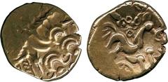 ANCIENT COINS, ANCIENT BRITISH, Celtic Gold, Regini and Atrebates, Commios (c.50-25 BC), Gold Stater, 5.37g, devolved Apollo head pattern, rev horse right with curly flowing mane(?), charioteer’s arm 