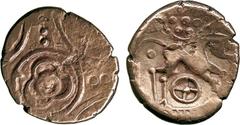 ANCIENT COINS, ANCIENT BRITISH, Celtic Gold, Iceni, Early Uninscribed Gold Stater, Freckenham type, 5.53g, c.50-40 BC, flower on centre of wheel with pellets on spokes, rev horse right, wheel below, r