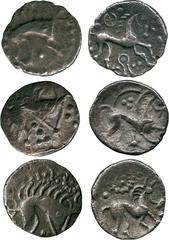 ANCIENT COINS, ANCIENT BRITISH, Celtic Silver and Base Metal, Iceni, Silver Unit, 0.79g, late 1st Century BC, boar right, two ‘suns’ over with pellets between, pellet below, rev horse right, ‘sun’ ove