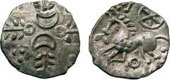 ANCIENT COINS, ANCIENT BRITISH, Celtic Silver and Base Metal, Iceni, Silver Unit, 0.86g, late 1st Century BC, wreath pattern, opposing crescents in centre, rev horse left, wheel above, pellet in circl