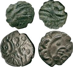 ANCIENT COINS, ANCIENT BRITISH, Celtic Silver and Base Metal, East Wiltshire, Silver Unit, 0.91g, c.50-20 BC, head right, wheel to right, rev horse left, ‘feather tail’, large wheel below, other ornam