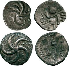 ANCIENT COINS, ANCIENT BRITISH, Celtic Silver and Base Metal, Durotriges, Silver ¼-Stater, 1.06g, 13mm, spiral starfish pattern, pellets within arms, pellets within rings around, rev zig-zag line, fou