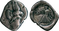 ANCIENT COINS, GREEK COINS, Peloponnese, Elis, Olympia (c.450-440 BC), Silver Stater, eagle flying right with wings spread above and below, grasping hare in its talons and tearing at it with beak , re