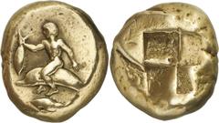 ANCIENT COINS, GREEK COINS, Mysia, Kyzikos (c.500-450 BC), Electrum Stater, boy (Taras?), naked, seated astride a dolphin to left, holding a tunny by the tail in his extended right hand, a tunny below