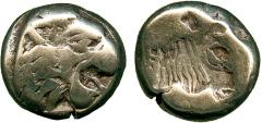 ANCIENT COINS, GREEK COINS, Lesbos, Mytilene (c.521-478 BC), Electrum Hekte, head of a roaring lion facing right , rev incuse head of a calf facing right, 2.50g, 10h (Bodenstedt 13). Nearly very fine 