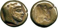 ANCIENT COINS, GREEK COINS, Lesbos, Mytilene (c.478-455 BC), Electrum Hekte, head of Herakles facing right, wearing a lion’s skin , rev incuse head of a bull facing right, 2.51g, 8h (Bodenstedt 29). T