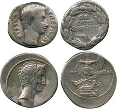 ANCIENT COINS, ROMAN COINS, Octavian, Silver Denarius, struck 29-27 BC, bare head facing right , rev military trophy on prow (RIC 265a); Augustus, Silver Denarius , rev OB/CIVIS/SERVATOS within a wrea
