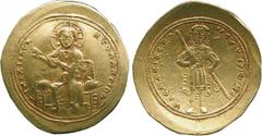 ANCIENT COINS, BYZANTINE COINS, Isaac I (AD 1057-1059), Gold Histamenon Nomisma, Christ enthroned facing, raising hand in benediction and holding book of Gospels , rev Isaac standing facing, wearing a