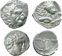 ANCIENT COINS, GREEK ,Cyprus, Amathos (c.350 BC), Silver Obol, lion’s head facing right, rev forepart of a lion right, head facing, 0.46g, 12h (SNG Copenhagen 4); Salamis (c.445-411 BC), Silver Hemiob