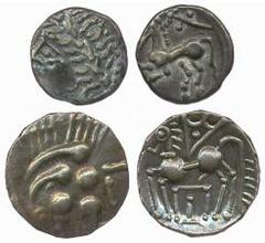 BRITISH COINS Celtic No.: 734 Estimate: £ 300 Celtic Stater, the Averni, devolved head of Apollo, rev horse left, elaborate wing motif, figure in temple below (Roth 202); Units (4), devolved head of A