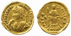 ANCIENT COINS Roman No.: 2194 Estimate: £ 700 Valentinian III, Solidus 4.33g, AD 435, diademed, mantled bust left holding mappa and cross, rev Valentinian seated facing holding mappa and cross, R M in